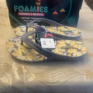 Skechers Foamies Floral Yellow and Gray Flip Flops